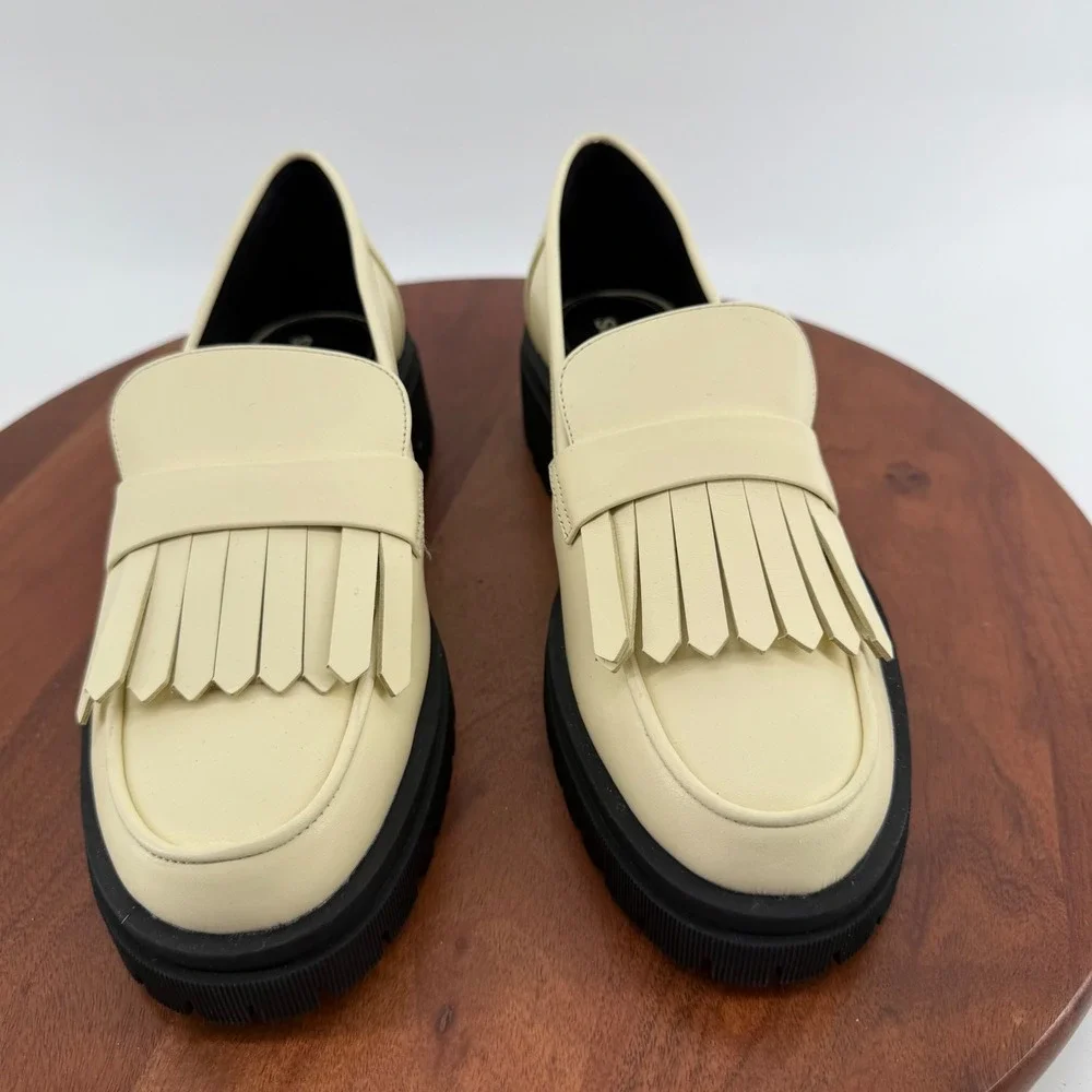 Sydney Silverman X Gianni Bini Cream Leather Kiltie Fringe Lug Sole Loafers 9.5M